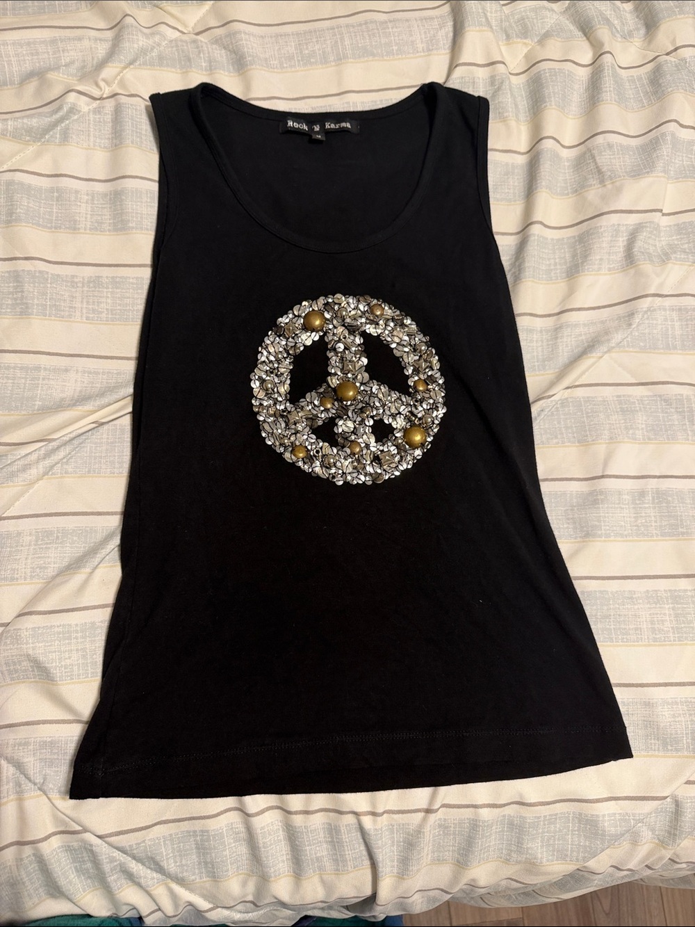 Black Embellished Peace Sign Tank Top - Hippie Style (sequins and beads)
